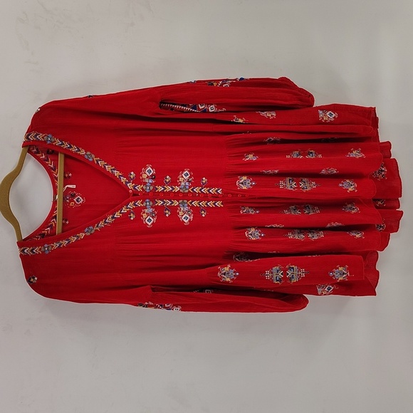 Free People Red Arianna Embroidered Tunic Mini Dress Size Medium - Picture 2 of 10